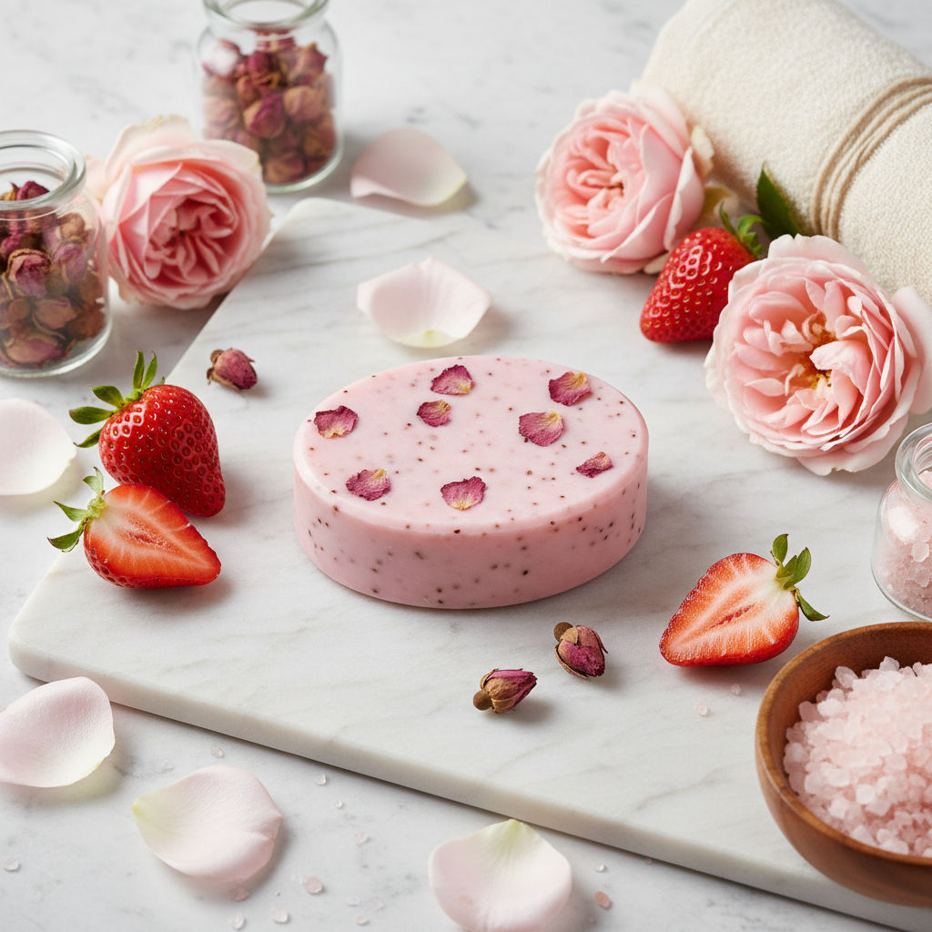 Strawberry & Rose Soap by shovota, showcasing vibrant colors and floral design, perfect for brightening skin.