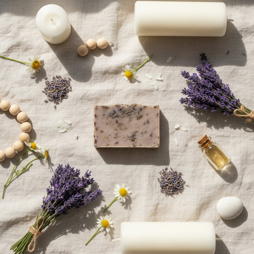 Handcrafted lavender and chamomile soap bar by shovota, designed for relaxation and stress relief, 100g.