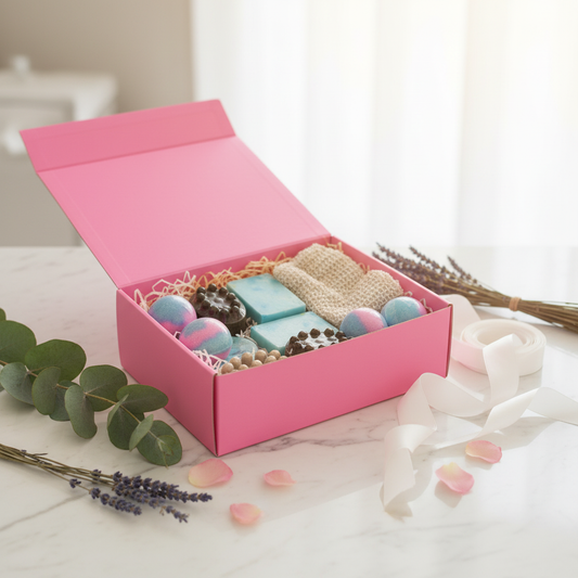 Luxury handmade spa gift box with natural soaps and bath bombs on white marble with eucalyptus and rose petals