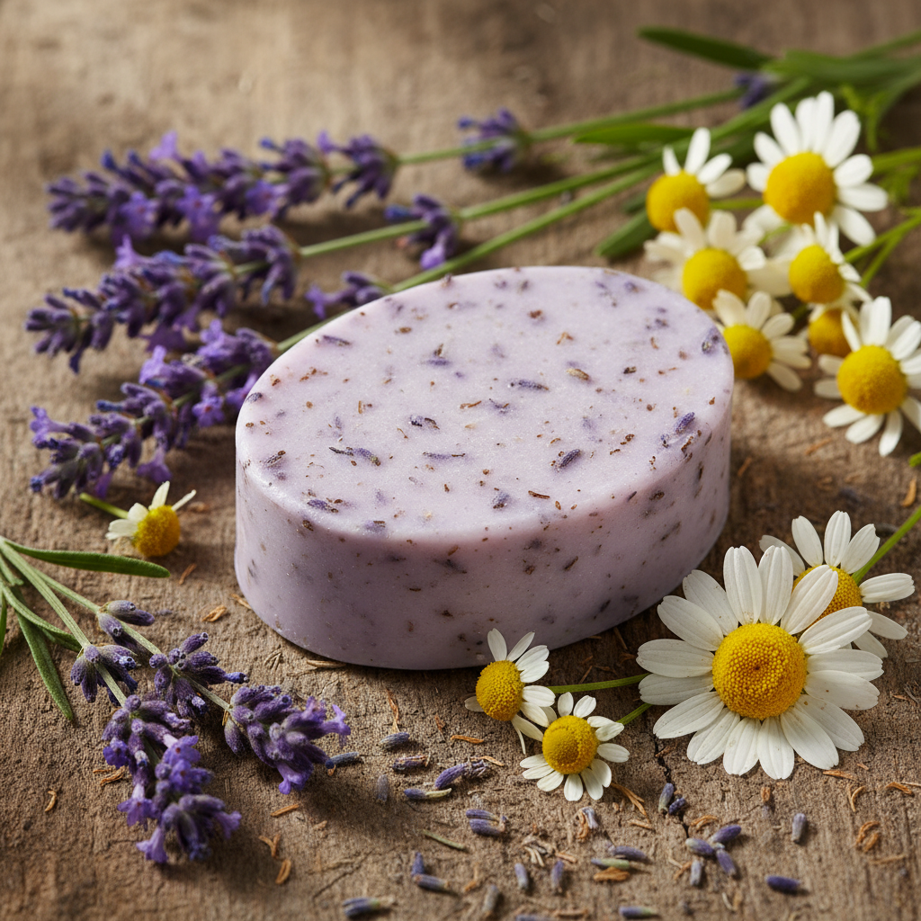 Lavender and chamomile artisan soap by shovota in a 100g bar, designed for relaxation and better sleep.