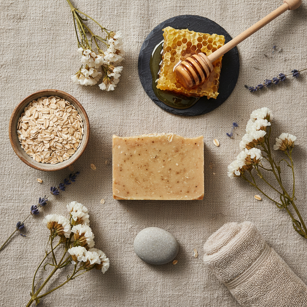 Handmade SHOVOTA oatmeal and honey soap in a flat lay, showcasing its natural ingredients for sensitive skin hydration.