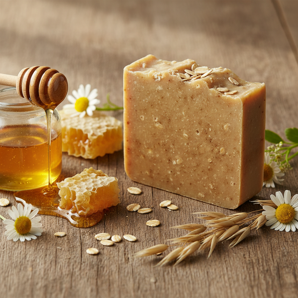 Handmade SHOVOTA oatmeal and honey soap bar, showcasing natural texture and moisturizing ingredients for sensitive skin.