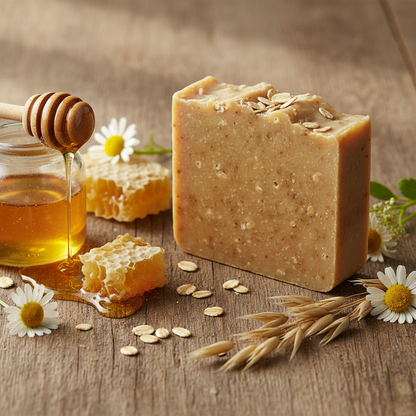 Handmade SHOVOTA oatmeal and honey soap bar, showcasing natural texture and moisturizing ingredients for sensitive skin.