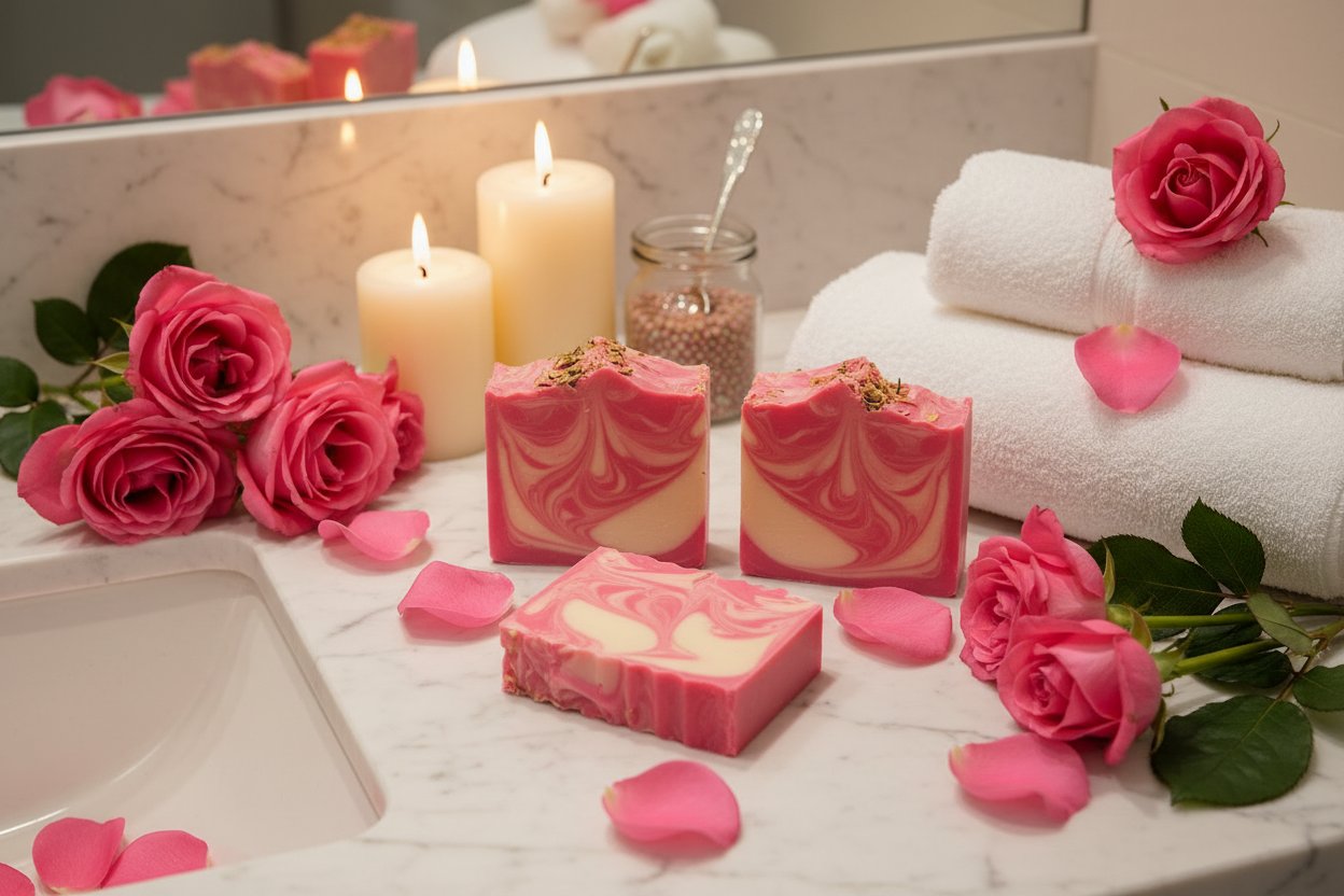 Premium rose soap by Shovota displayed in a luxury spa setting, showcasing its natural moisturizing properties.