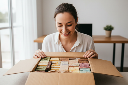 Caja de jabones artesanales Shovota con 40 fragancias naturales para cuidado personal y emprendimiento.