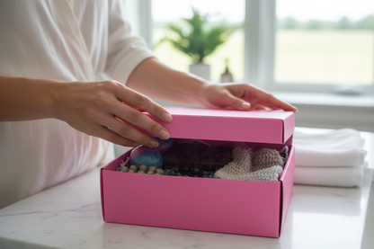 Handmade spa gift box by shovota featuring natural soaps and bath bombs, beautifully arranged for relaxation.