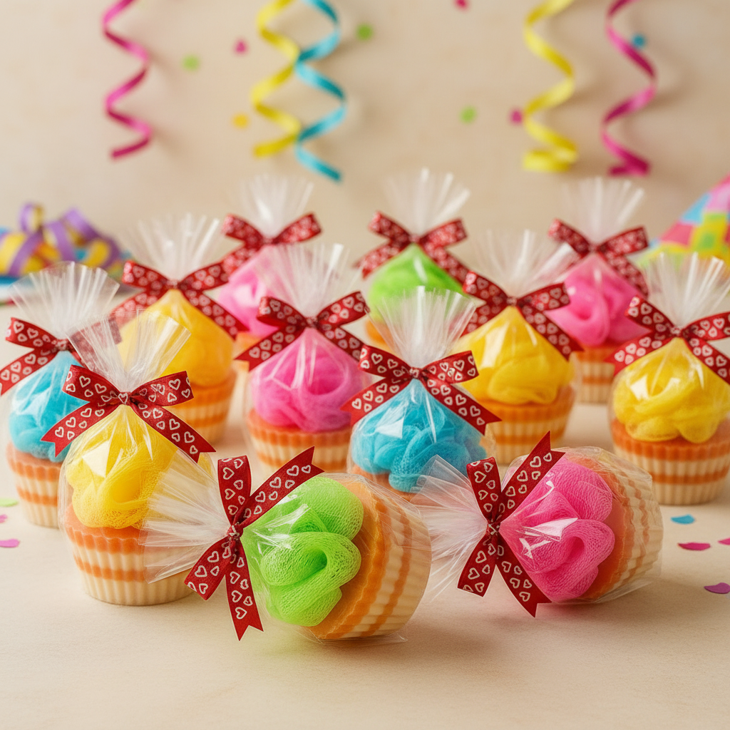 Exfoliating Cupcake Soap by SHOVOTA in a colorful party favors arrangement, showcasing vibrant designs and textures.