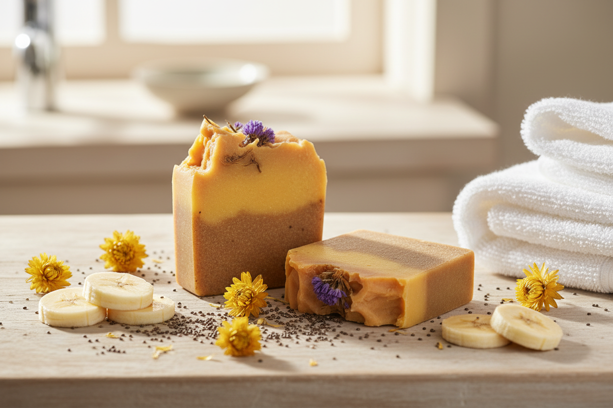 Chia, Banana & Everlasting Flower Soap by SHOVOTA in a serene botanical setting, showcasing its natural ingredients.