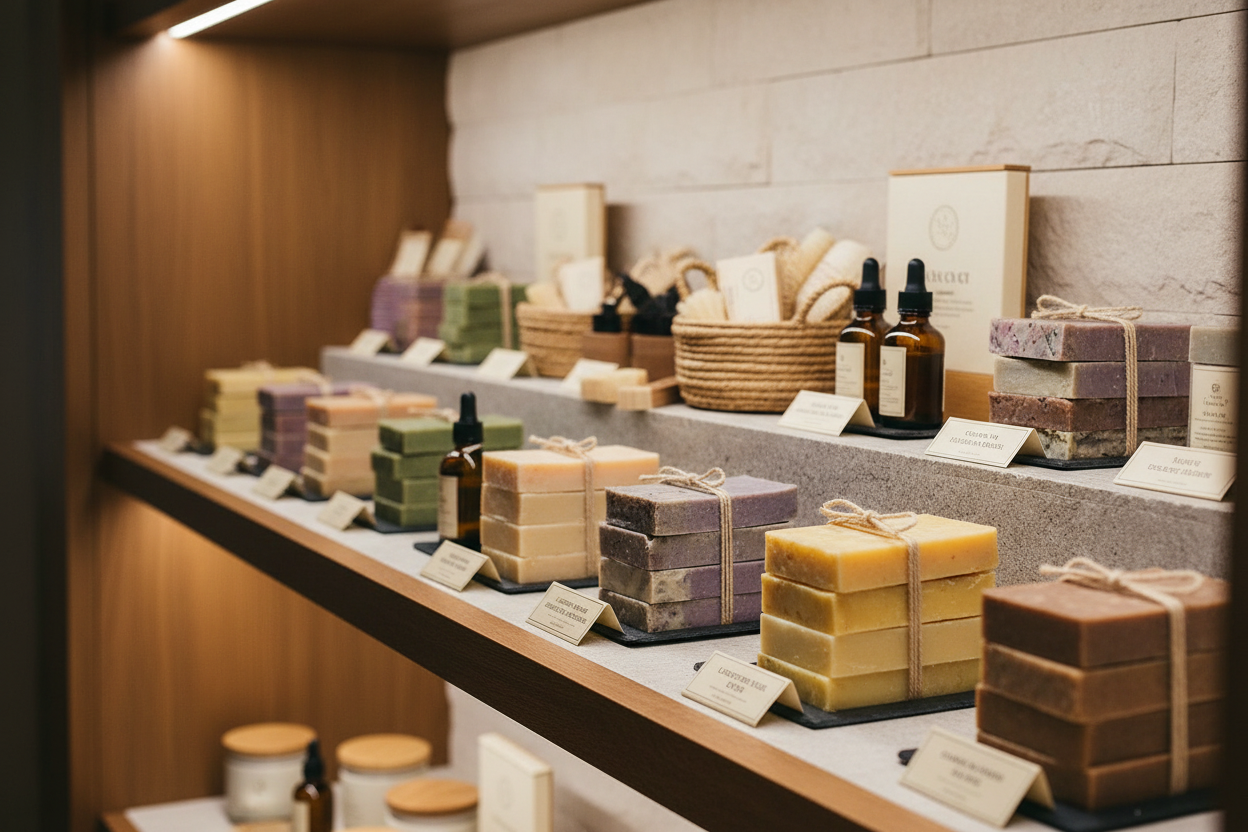 Cajas de jabones artesanales Shovota con 40 fragancias naturales en un exhibidor profesional.