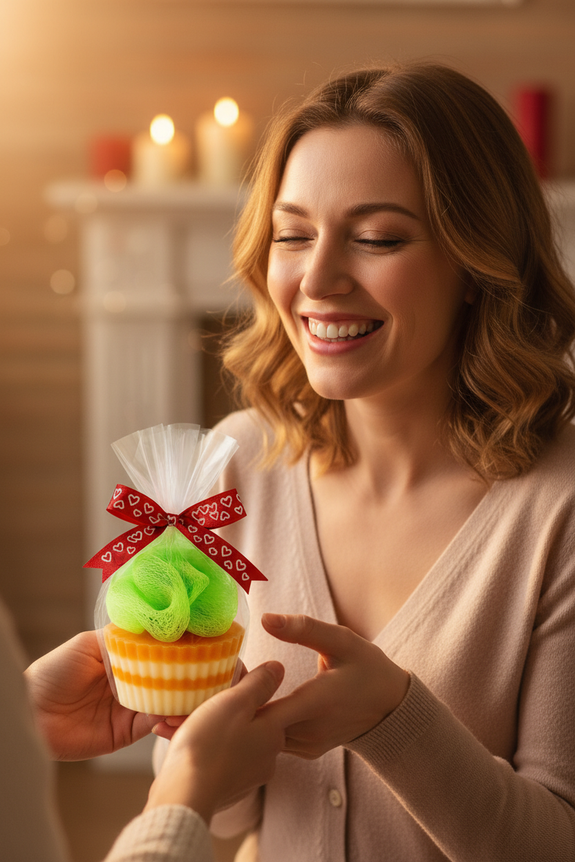 Cupcake Soap by SHOVOTA, featuring an exfoliating bath puff design, displayed as a gift in a decorative setting.
