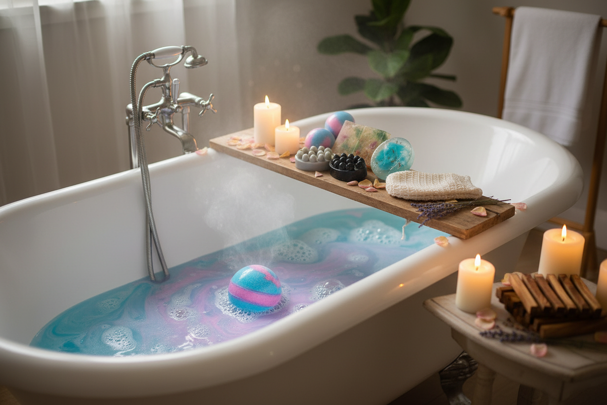 Handmade spa gift box featuring natural soaps and bath bombs by shovota, ideal for a relaxing bath experience.