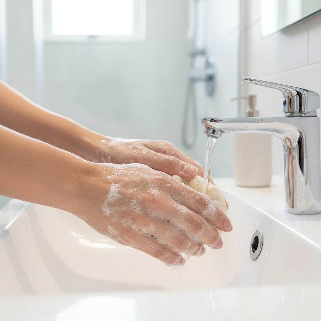 Creamy lather of shovota oatmeal and goat's milk soap for gentle hydration, perfect for sensitive skin in use.