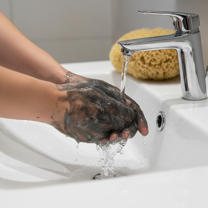 Activated charcoal soap with exfoliating sponge being rinsed under water, showcasing its deep pore cleansing properties.