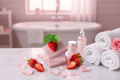 Strawberry & Rose Soap by shovota in a spa setting, showcasing its luxurious design and brightening vitamin C benefits.