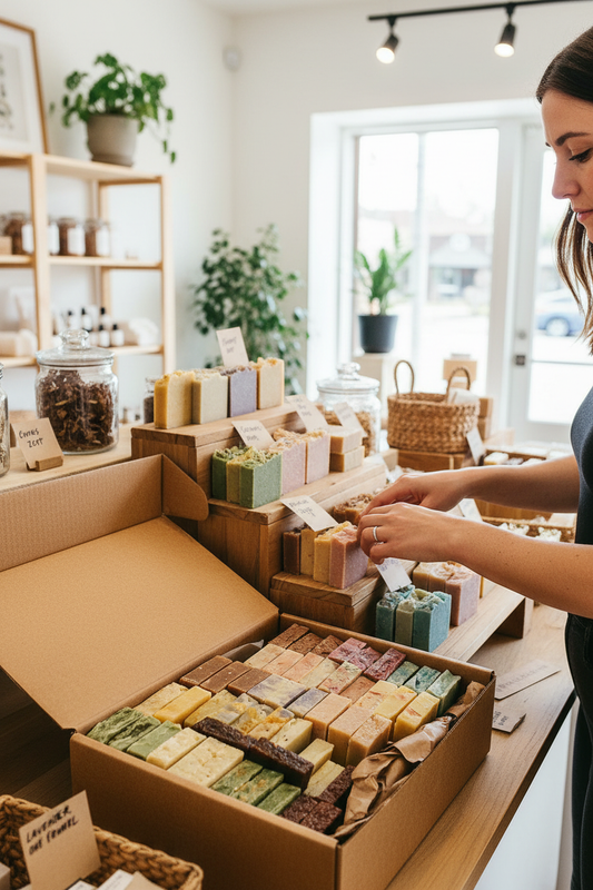 Cajas de jabones artesanales Shovota con 40 fragancias naturales en un entorno de tienda bien organizado.