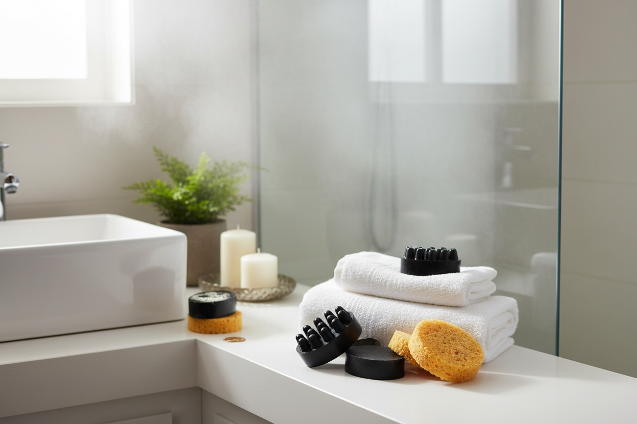 Activated charcoal soap with exfoliating sponge in a spa bathroom setting for deep pore cleansing and detox.