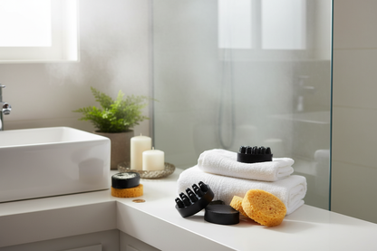 Activated charcoal soap with exfoliating sponge in a spa bathroom setting for deep pore cleansing and detox.