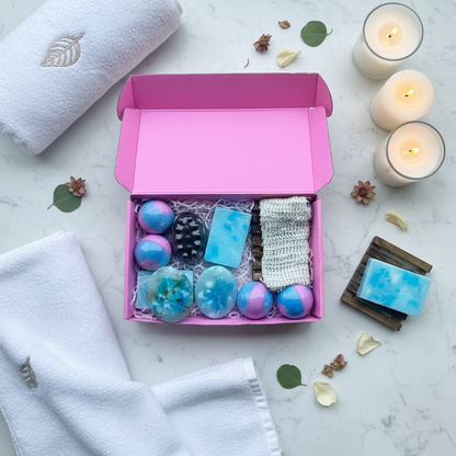 Flat lay of a handmade spa gift box containing natural soaps and bath bombs by shovota.