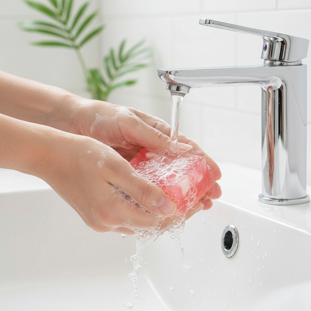 Handcrafted shovota watermelon and coconut soap with a tropical design, showcasing vibrant colors and natural textures.
