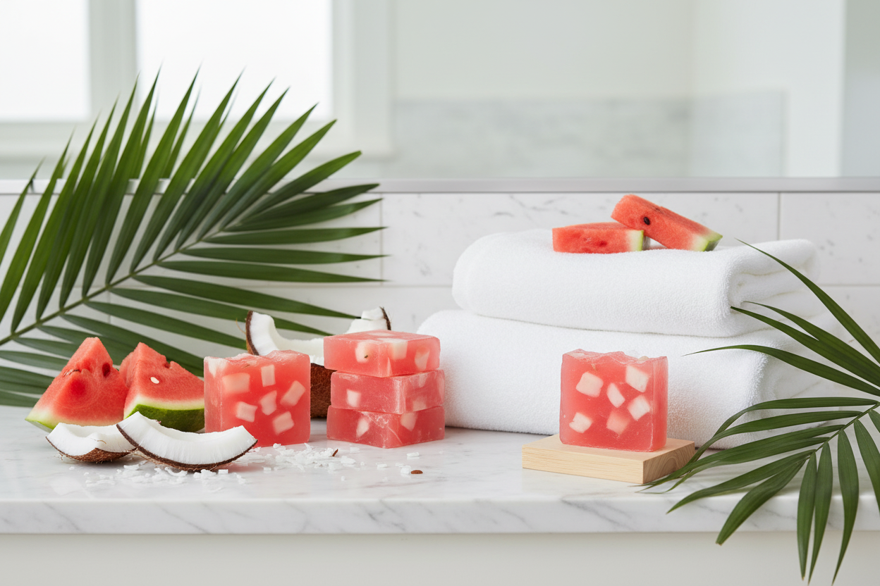 Handmade shovota Watermelon & Coconut Soap in a tropical spa setting, showcasing vibrant colors and natural ingredients.