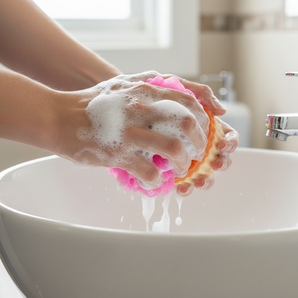 Cupcake Soap by SHOVOTA with exfoliating bath puff, showcasing vibrant colors and a soft texture for a luxurious bath experience.