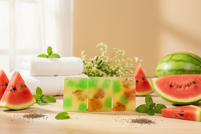 Handcrafted shovota Watermelon, Mint & Chia Soap in a vibrant bathroom setting, showcasing natural colors and textures.
