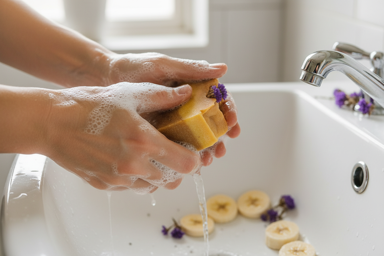 Chia, Banana & Everlasting Flower Soap by SHOVOTA, showcasing its creamy texture and natural ingredients in use.