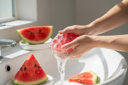 Handmade glycerin soap with watermelon scent, showcasing a lathering wash in a bright, fresh setting.