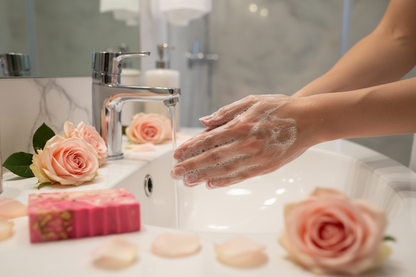 Handmade Premium Rose Soap by Shovota, showcasing natural moisturizing properties during a washing process.