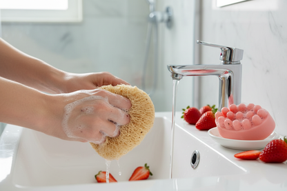 Exfoliating and moisturizing Shovota strawberry and luffa soap being used in a wash setting.