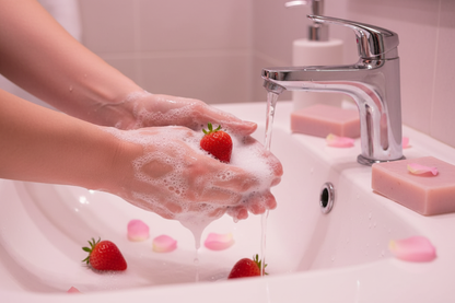 Strawberry & Rose Soap 300g by Shovota, showcasing a bright pink bar with strawberries and rose petals.
