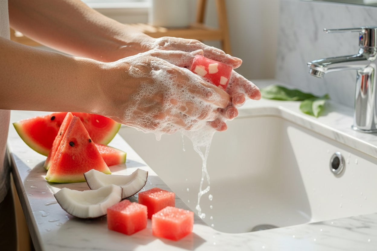 Artisan watermelon and coconut soap by shovota, featuring vibrant colors and a creamy texture, set against a water backdrop.