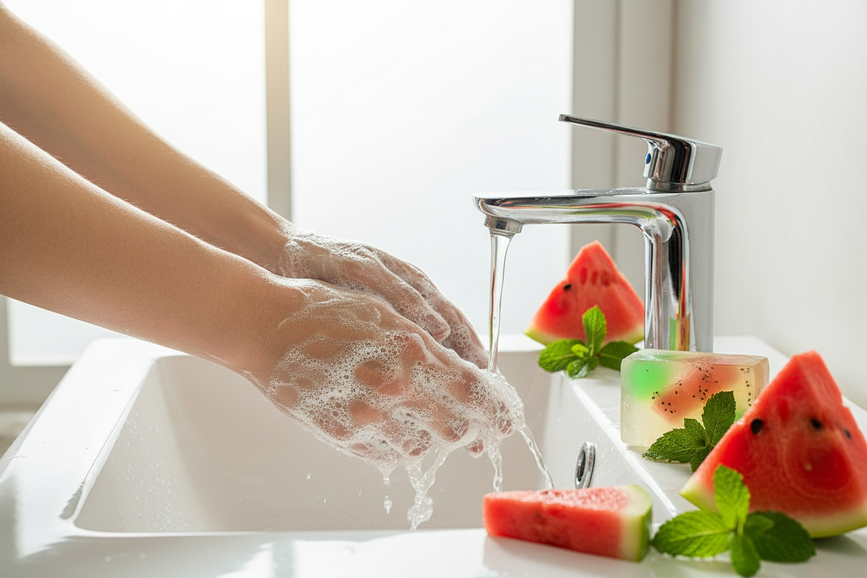 Artisanal Watermelon, Mint & Chia Soap by shovota, lathering in water for refreshing natural hydration.