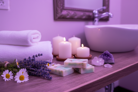 Lavender and chamomile soap by Shovota in a wellness setting, highlighting its calming and relaxing properties.