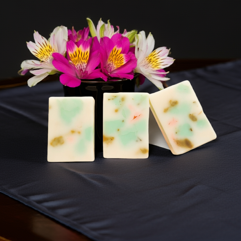 Lavender and chamomile artisanal soap by shovota, showcasing its soothing purple hue and natural ingredients.